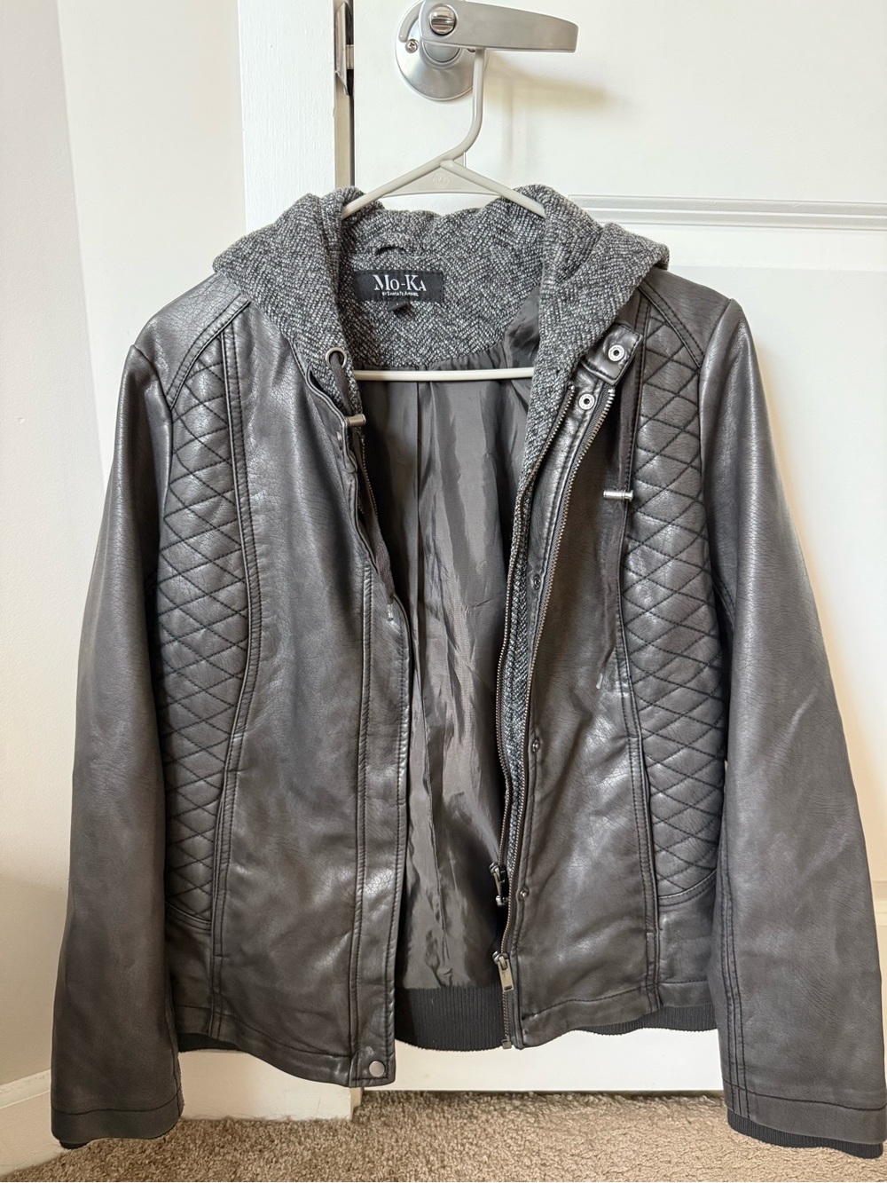 Mo-Ka Quilted Faux Leather Hooded Jacket - Charcoal Gray